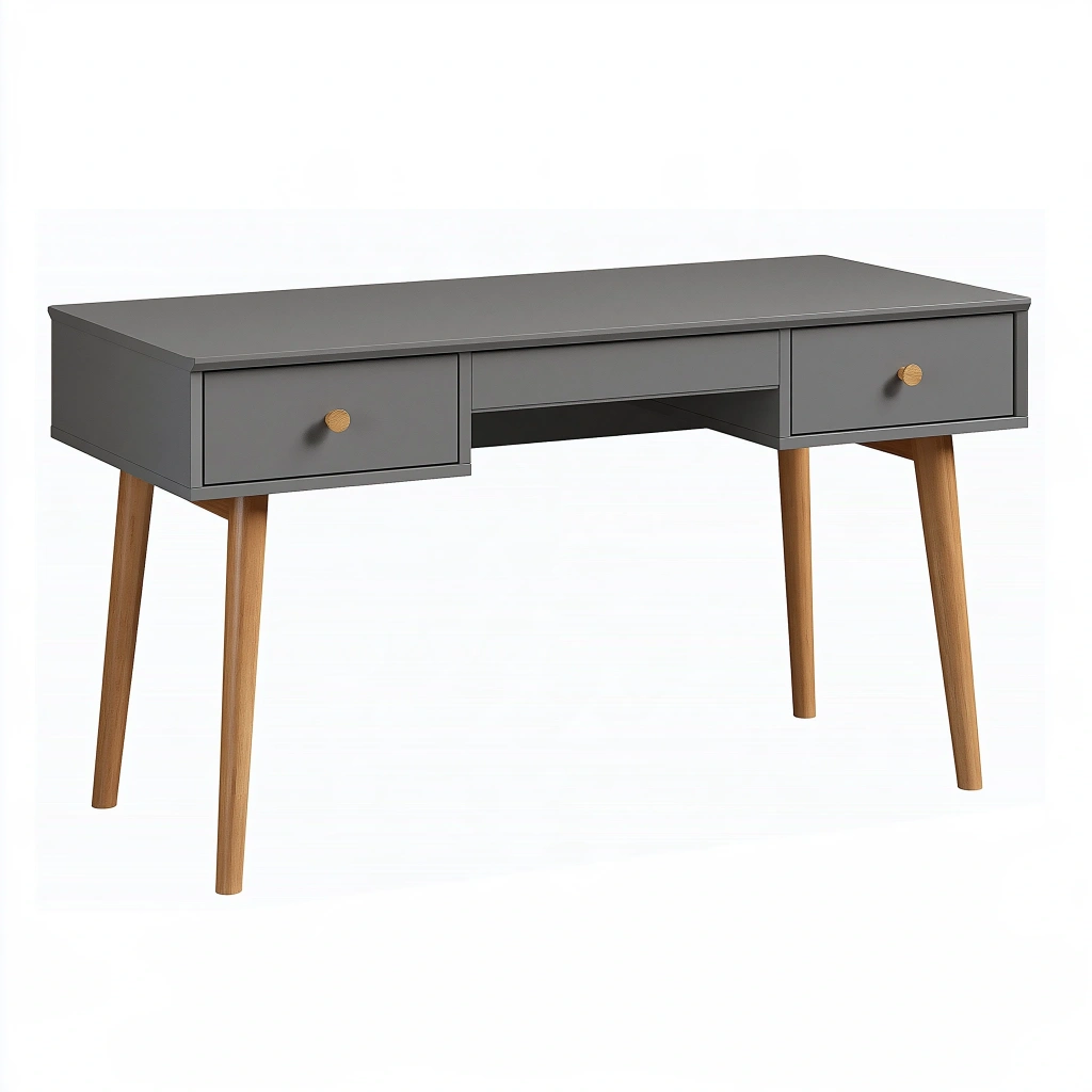 Biurko 120 x 60 x 75 cm szare z drewnianymi nogami i 2 szufladami w stylu skandynawskim