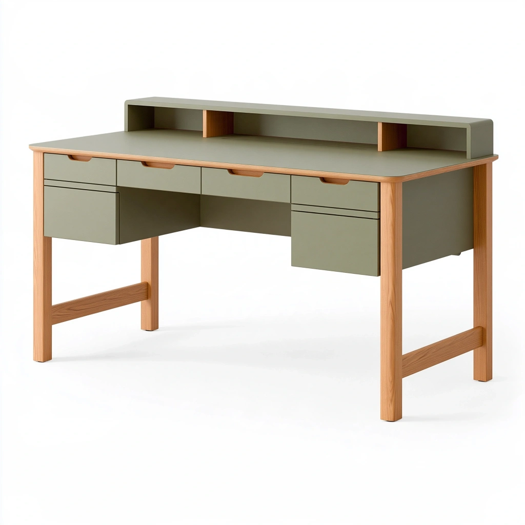Biurko 140 x 60 x 90 cm z drewna i płyty MDF oliwkowozielone z sześcioma szufladami